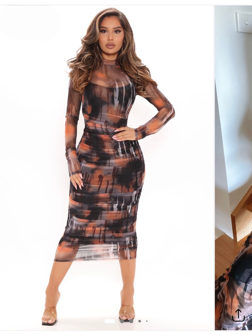 Sheer Long-Sleeve Midi Dress in Black and Burnt Orange